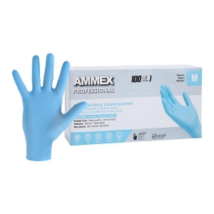 Ammex Nitrile Gloves Medium Blue Disposable, Exam Grade Powder Free Smooth Polymer Coated 100/bx